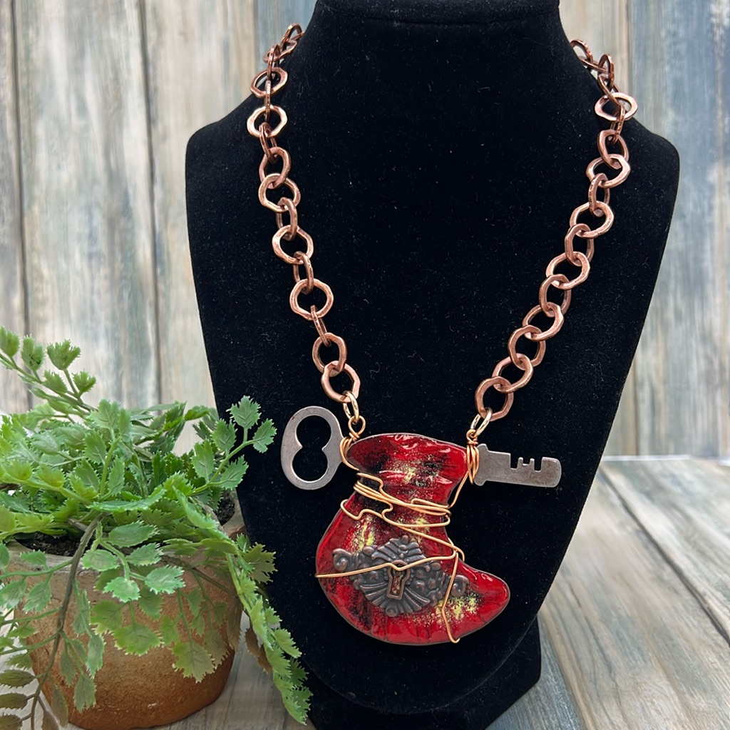 Adorned Crown Jewelry Artisan Assemblage Key Enamel Keyhole Copper Necklace 35$